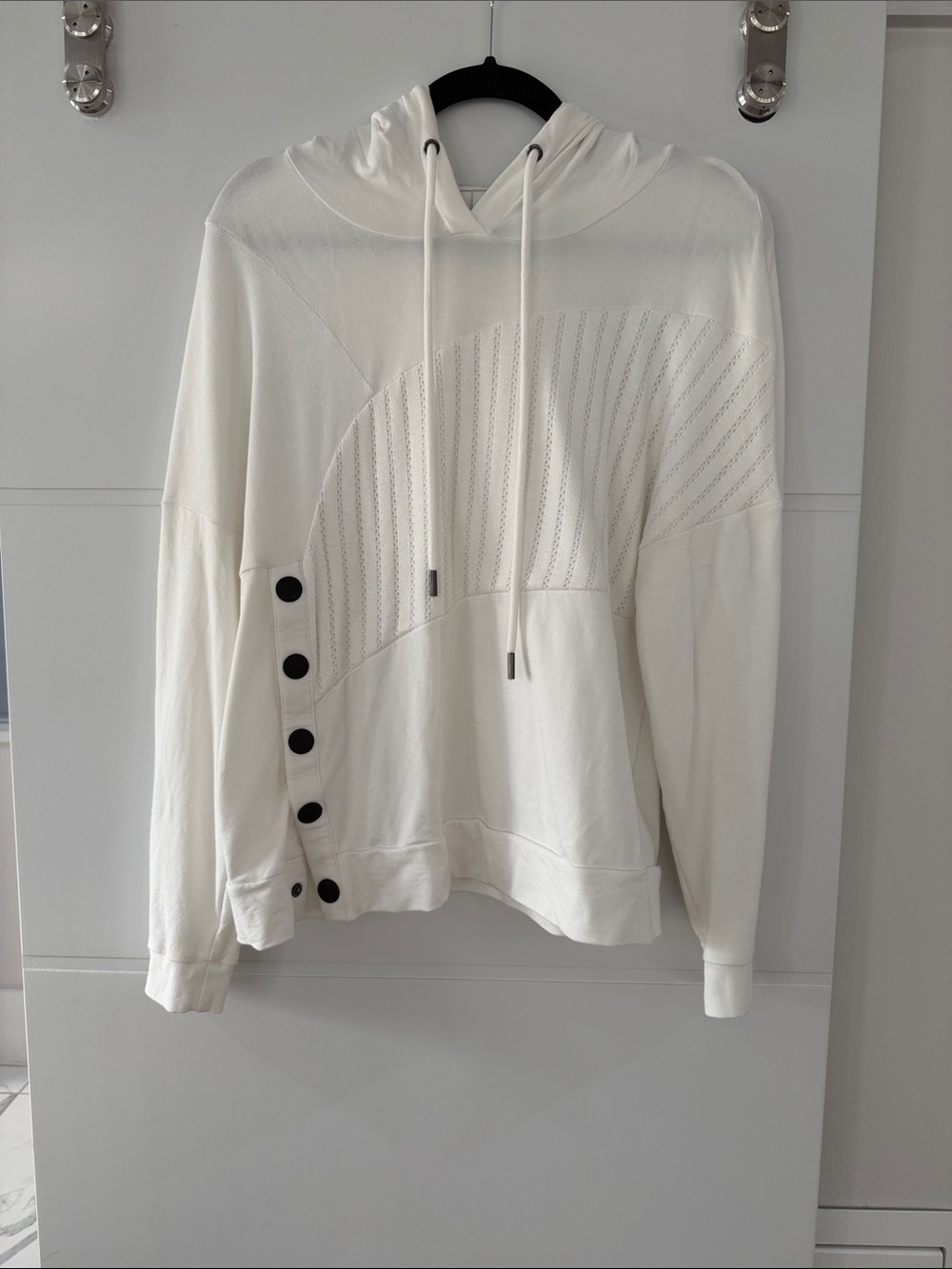 CAbi Ivory Hooded Pullover with Side Button Detail